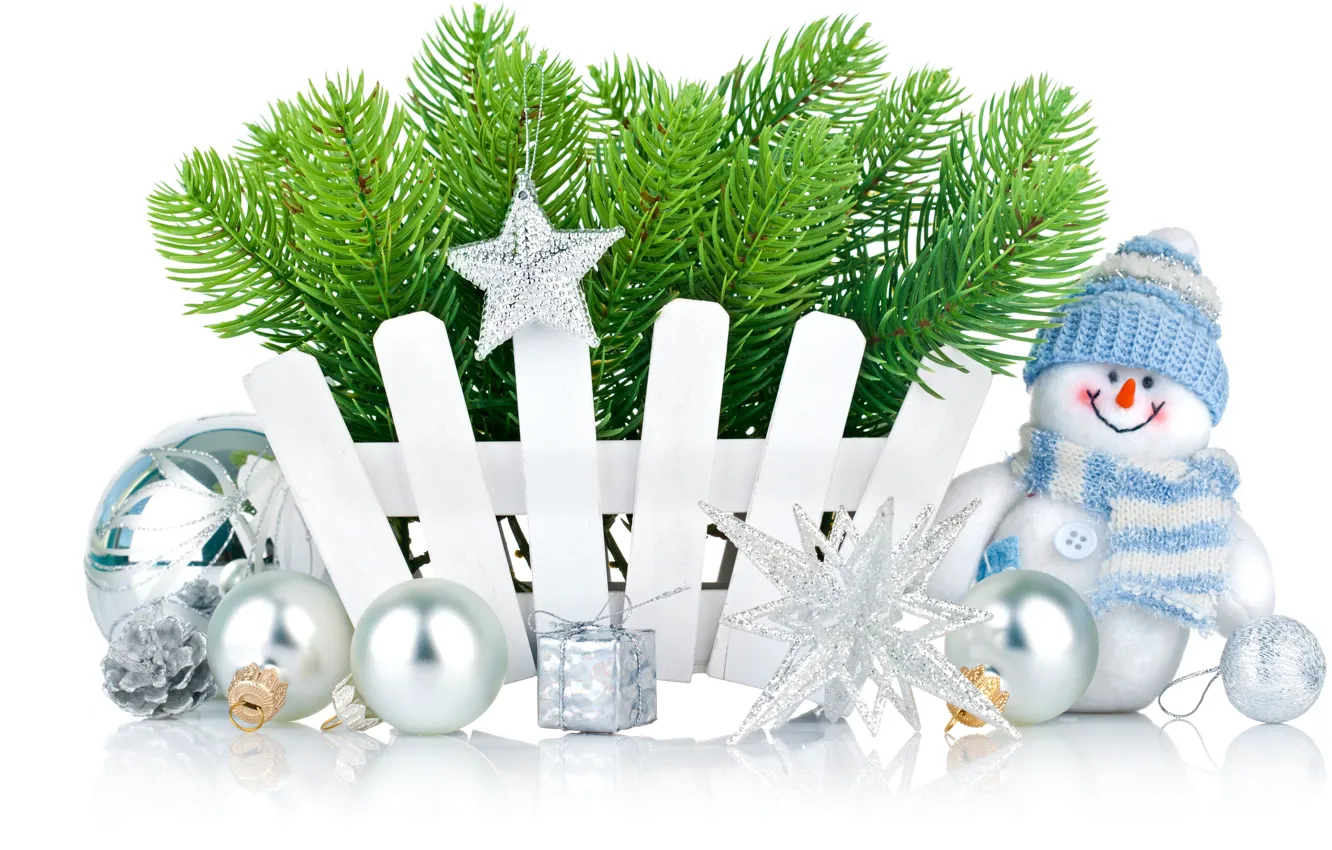 Фото обои звезды, украшения, снежинки, праздник, шары, игрушки, Рождество, снеговик