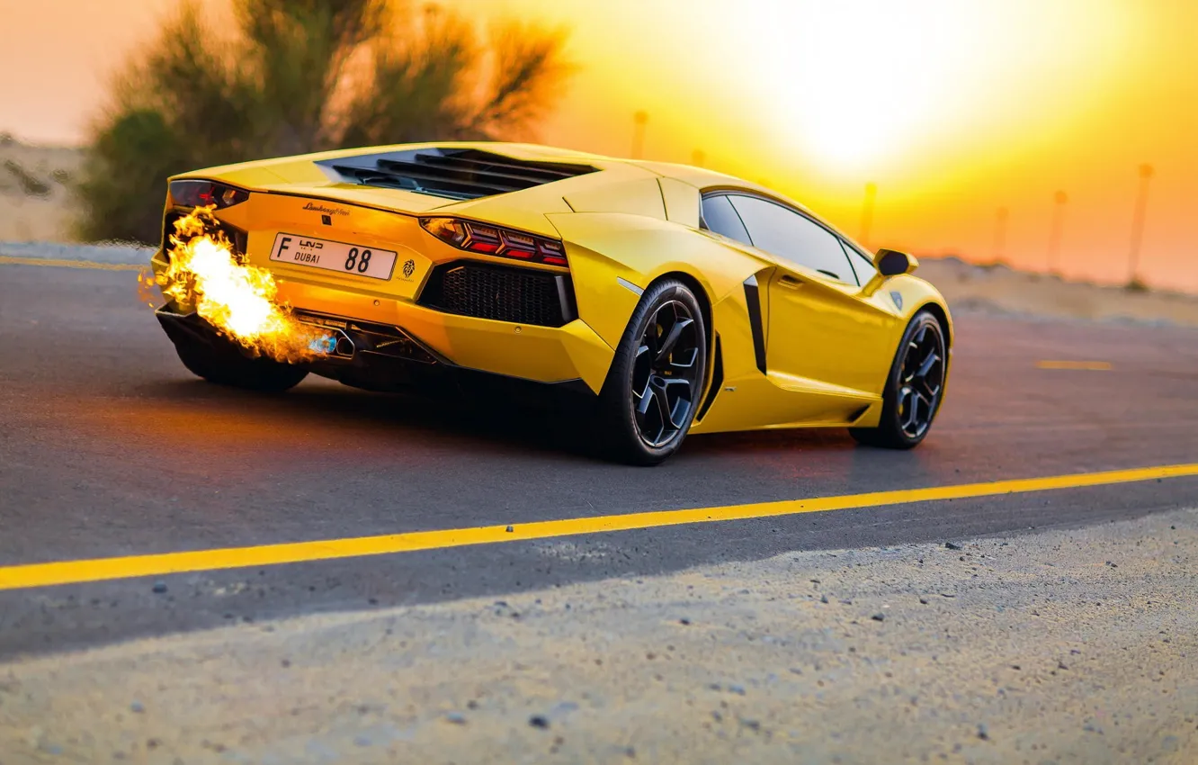 Фото обои Дорога, Желтый, Lamborghini, Ламборджини, Dubai, Yellow, LP700-4, Aventador