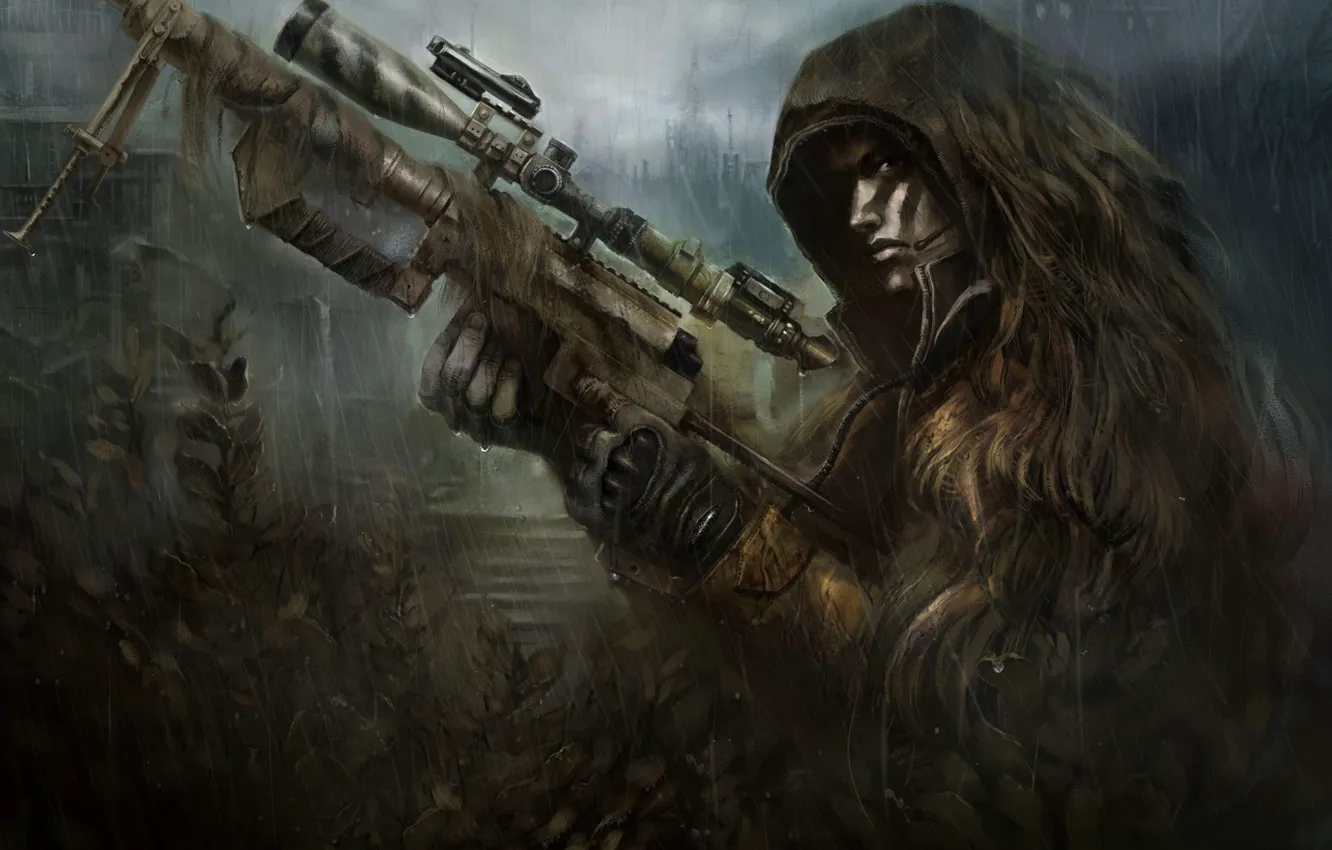 Фото обои оружие, дождь, засада, солдат, снайпер, камуфляж, винтовка