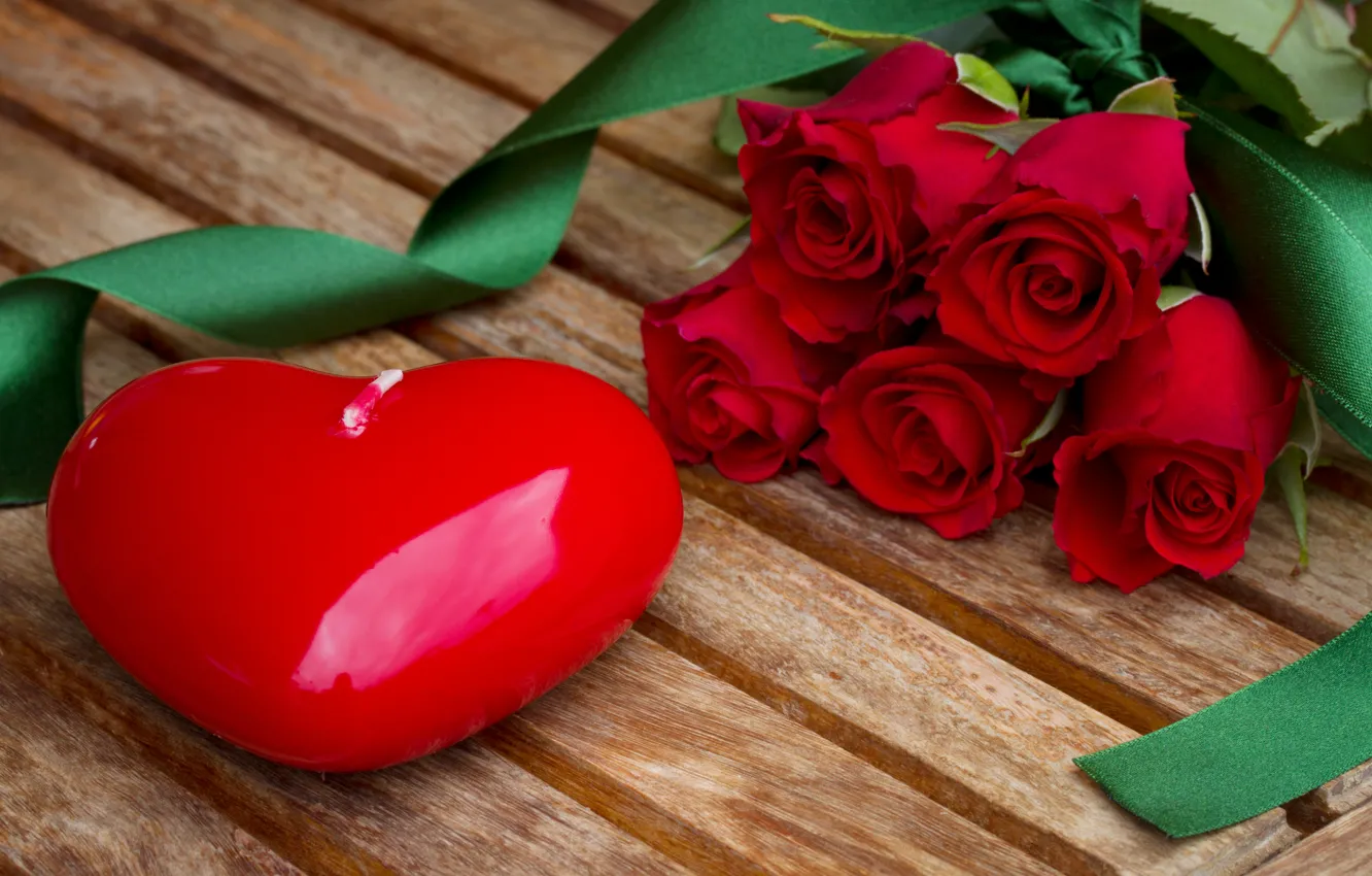 Фото обои цветы, ленты, сердце, розы, свеча, букет, красные