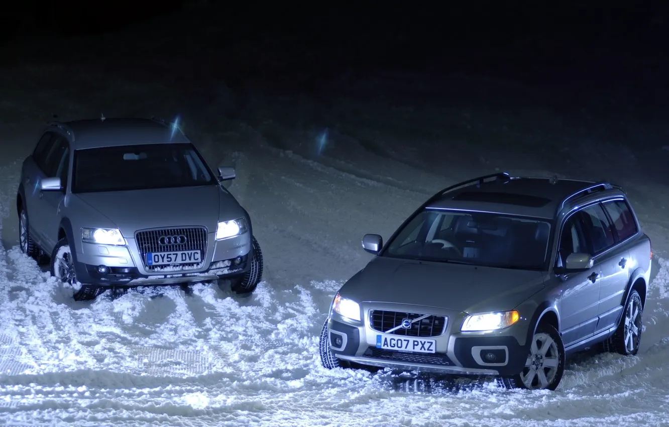 Фото обои снег, Audi, Ауди, Volvo, Вольво, Allroad, передок, XC70