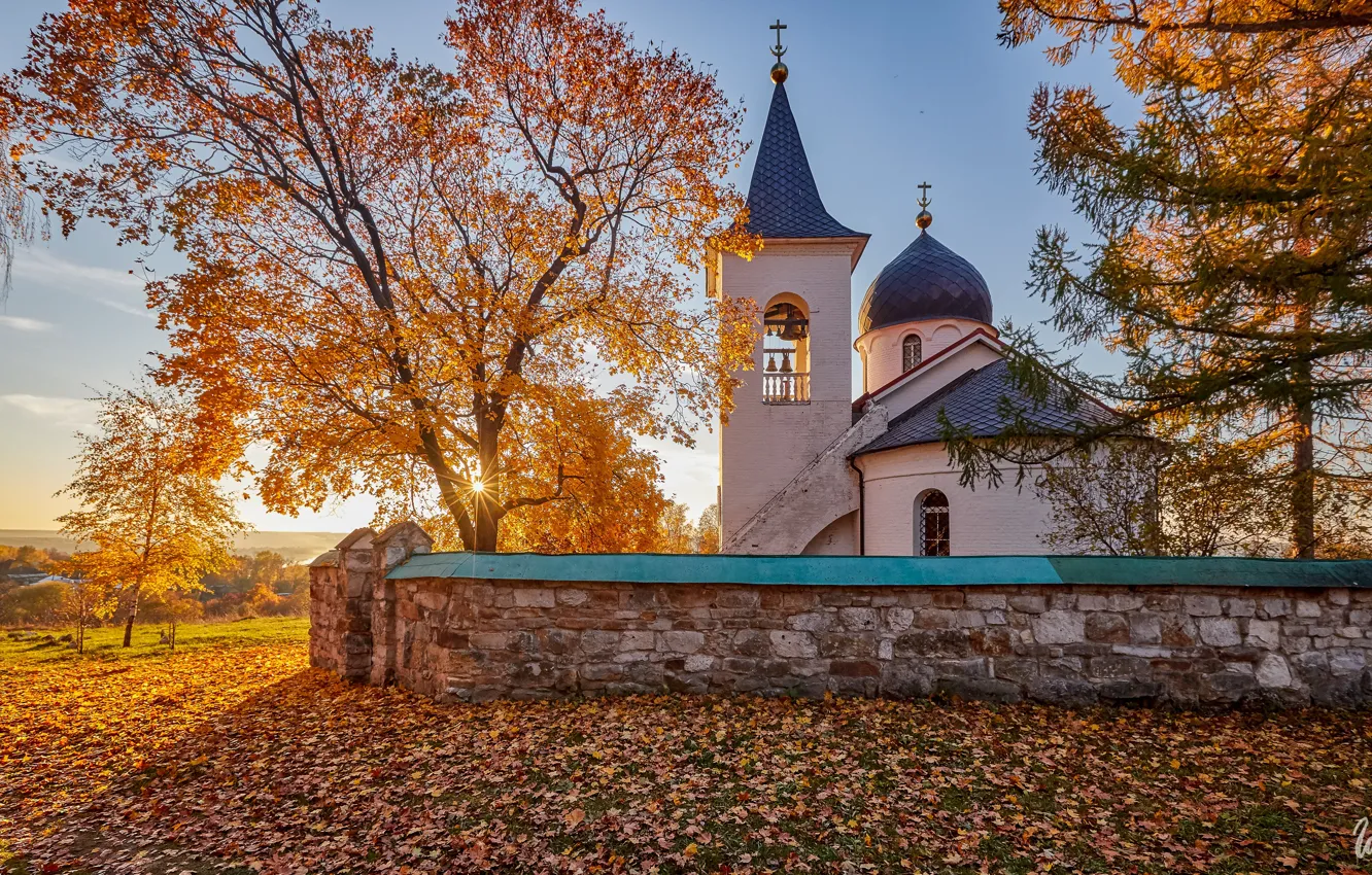 Фото обои солнце, лучи, пейзаж, село, церковь, Тульская область, Илья Гарбузов, Бёхово