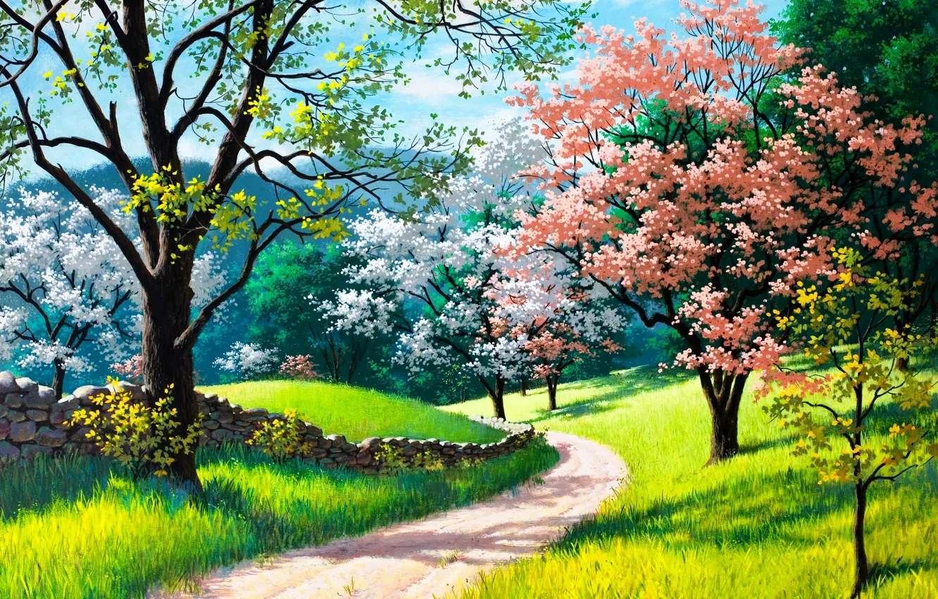 Фото обои дорога, трава, деревья, пейзаж, природа, картина, весна, цветение
