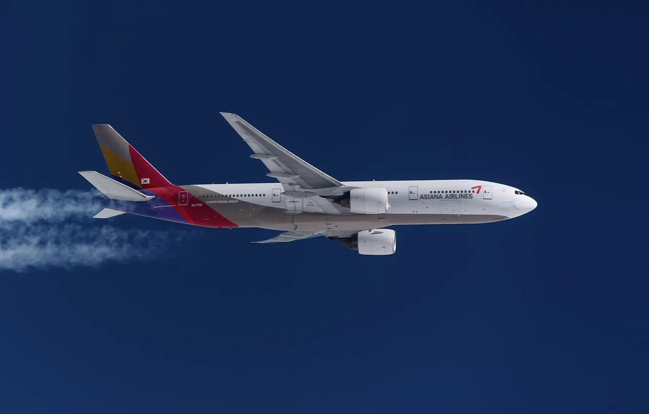 Фото обои Самолет, Boeing 777, В полете, Инверсионный след, Asiana Airlines