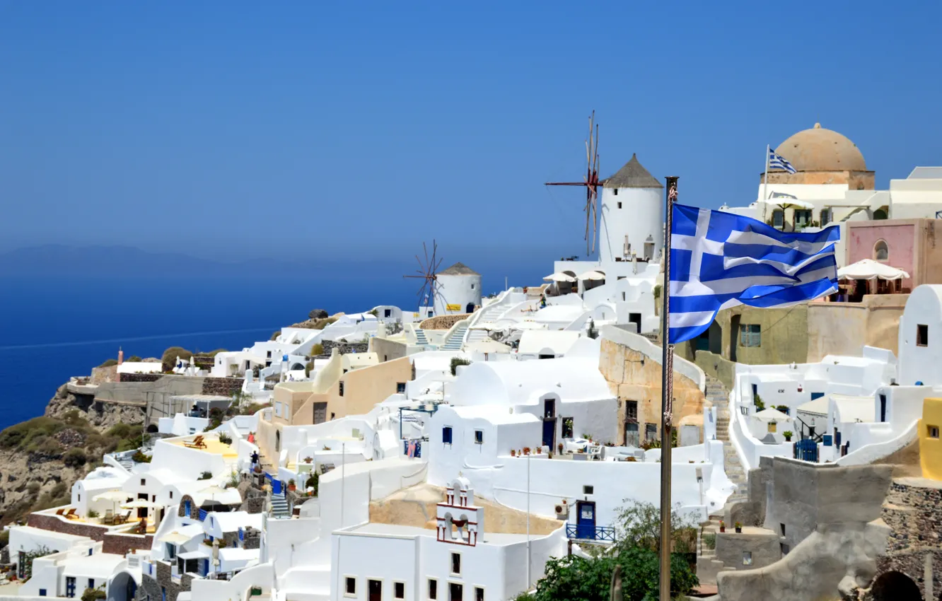 Фото обои Санторини, флаг, домик