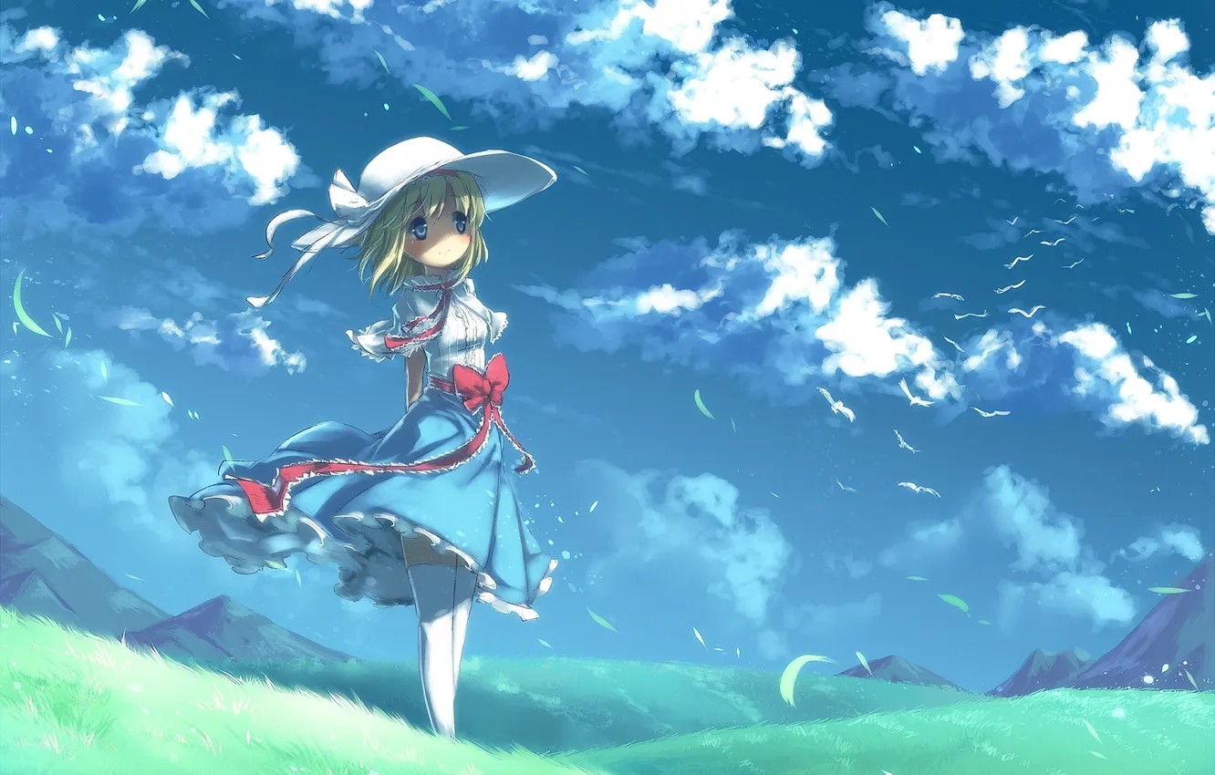 Фото обои поле, трава, девушка, облака, горы, ветер, шляпа, арт