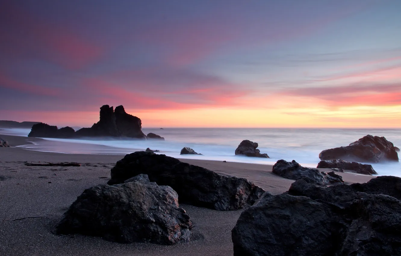 Фото обои пляж, природа, камни, скалы, выдержка