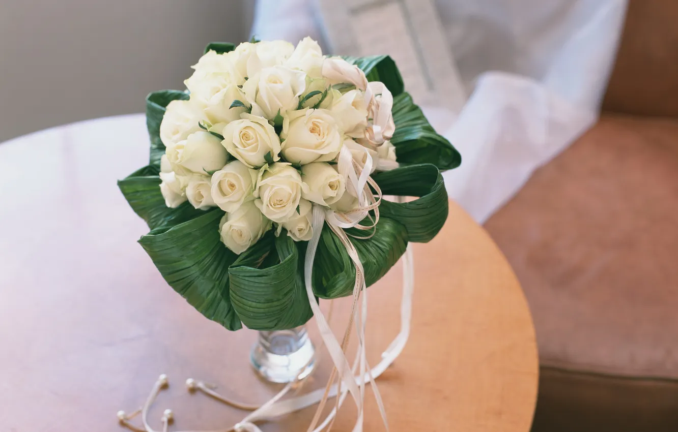 Фото обои цветы, розы, букет, белые, свадебный