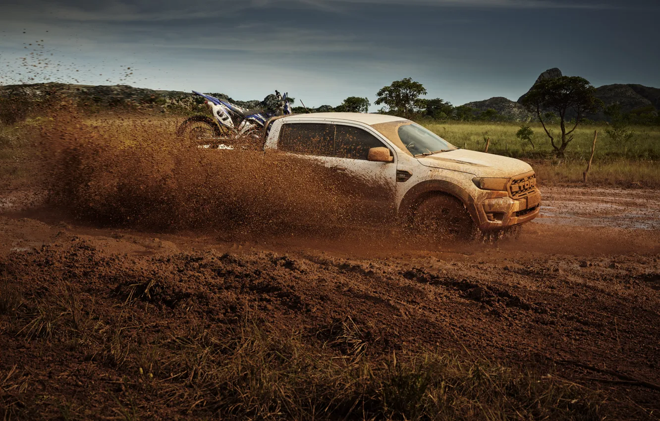 Фото обои брызги, земля, Ford, грязь, в движении, пикап, Storm, Ranger