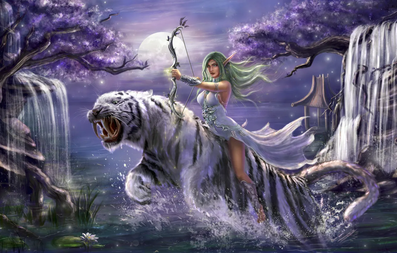 Фото обои девушка, деревья, ночь, тигр, прыжок, лук, водопады, эльфийка