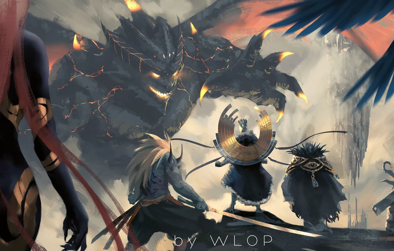 Фото обои sword, fantasy, magic, monster, weapons, digital art, artwork, warriors