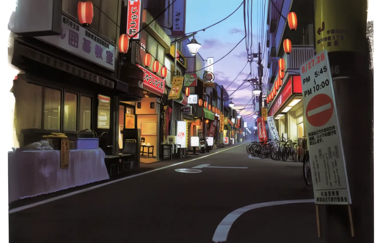 Фото обои разметка, улица, провода, дома, вечер, Япония, фонари, иероглифы