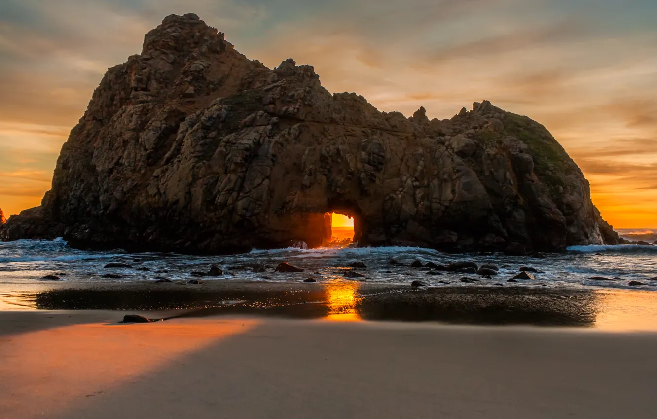 Фото обои солнце, закат, берег, Калифорния, США, Биг Сюр, пляж Пфайффер