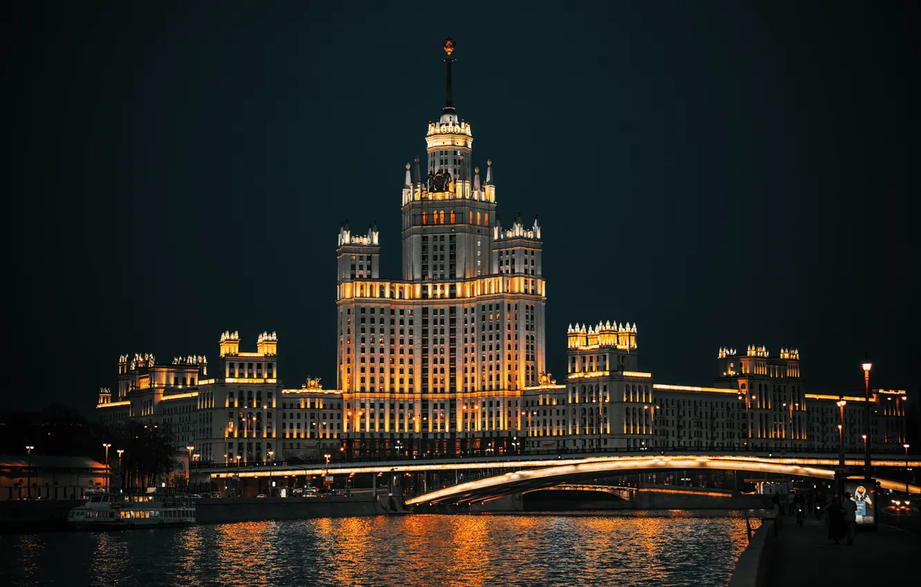 Фото обои ночь, мост, город, дом, река, здание, высота, вечер