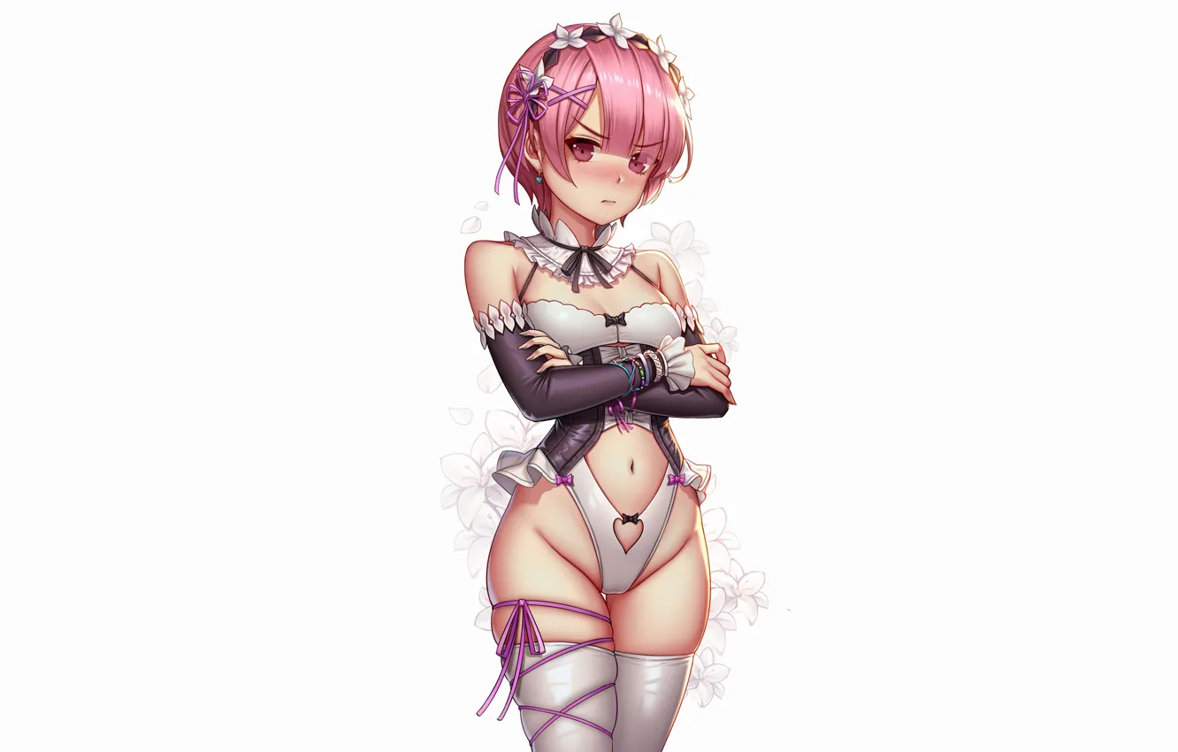 Фото обои girl, sexy, cleavage, thighhighs, pink hair, boobs, anime, beautiful