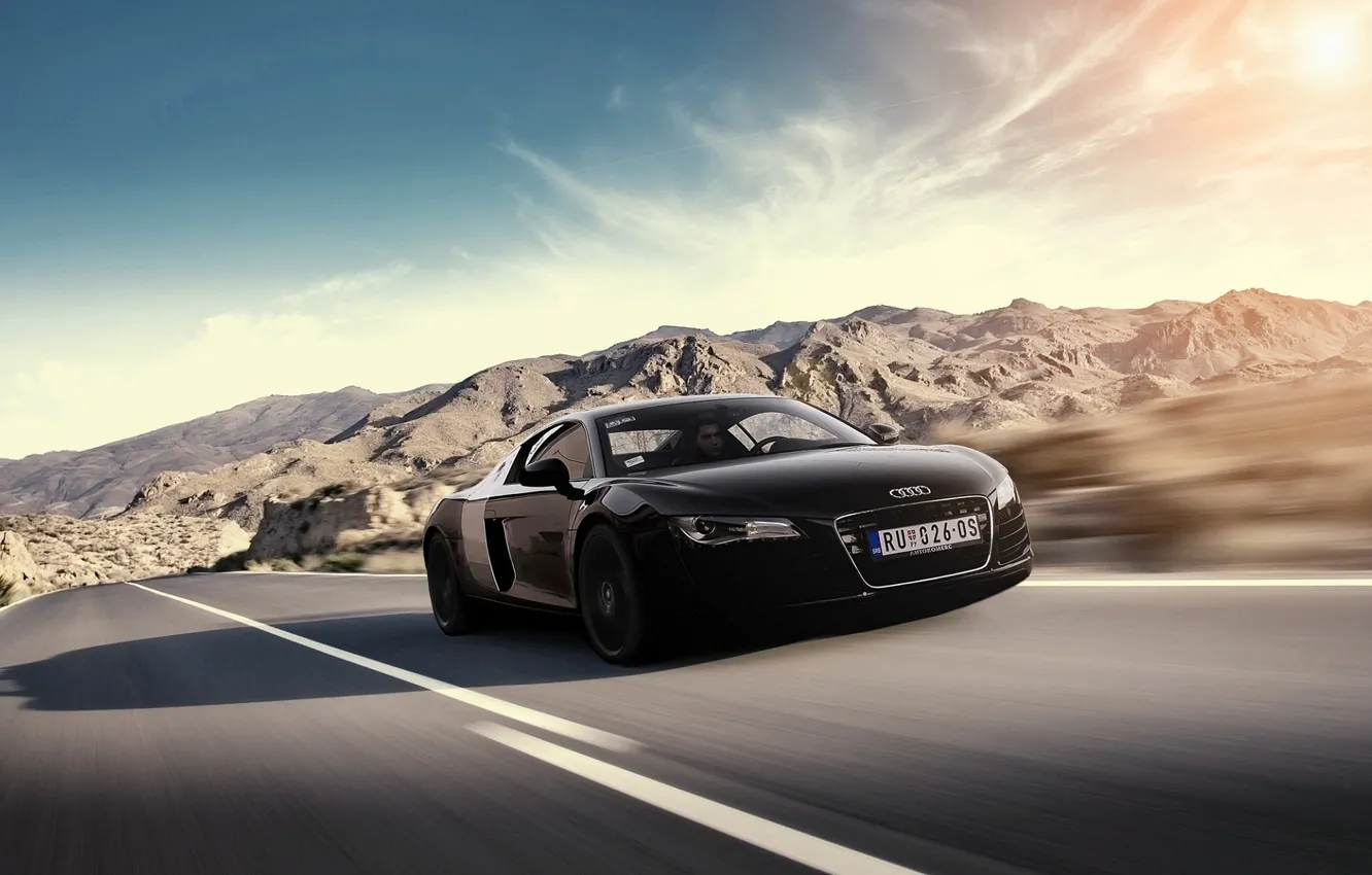 Фото обои солнце, горы, Audi, ауди, скорость, чёрная, black, блик