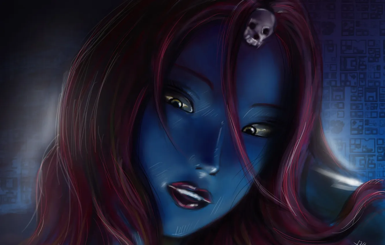 Фото обои взгляд, череп, синяя, Mystique, X-Men, marvel, Raven