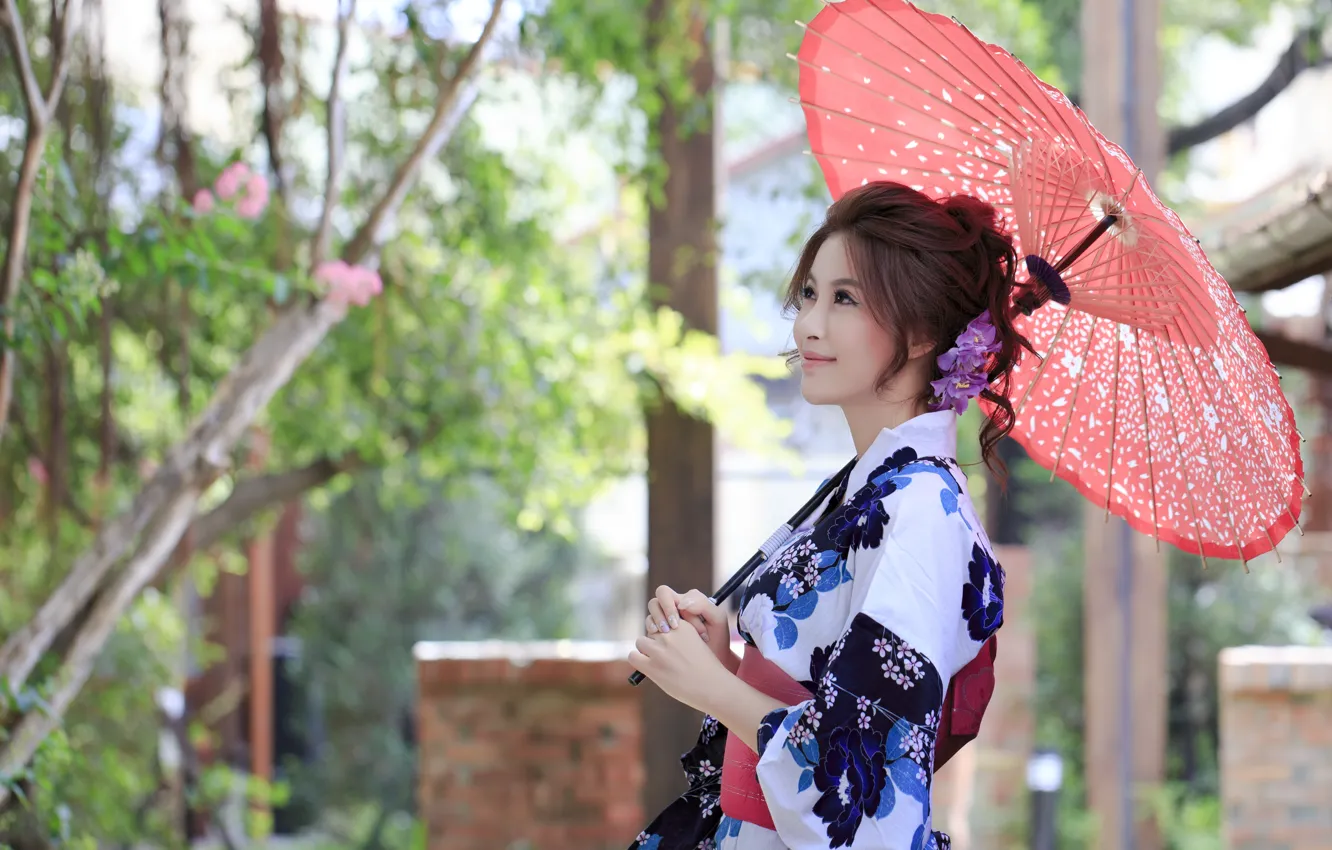 Фото обои лето, девушка, зонт, азиатка