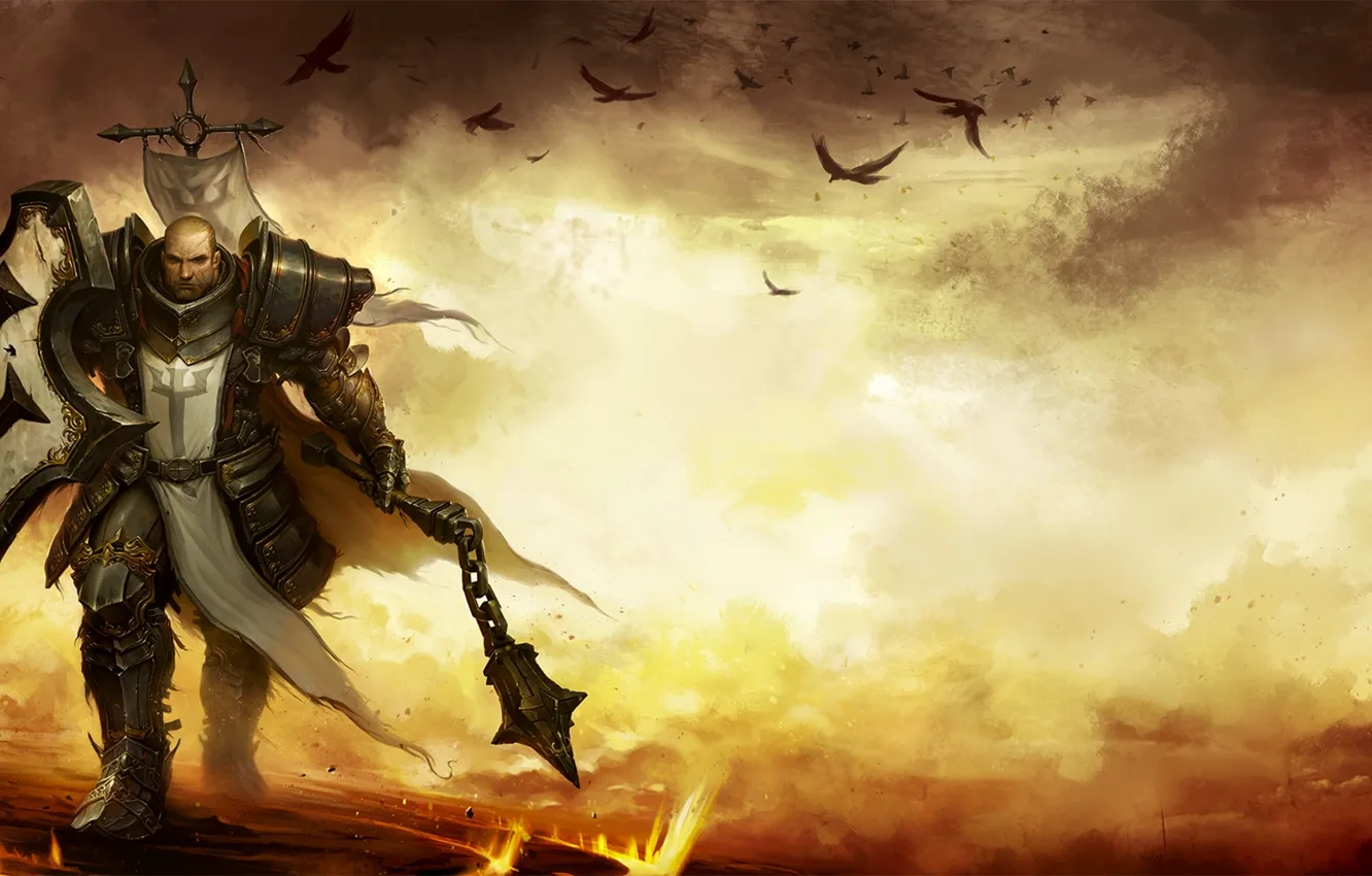 Фото обои вороны, battlefield, щит, рыцарь, булава, поле боя, Diablo, shield