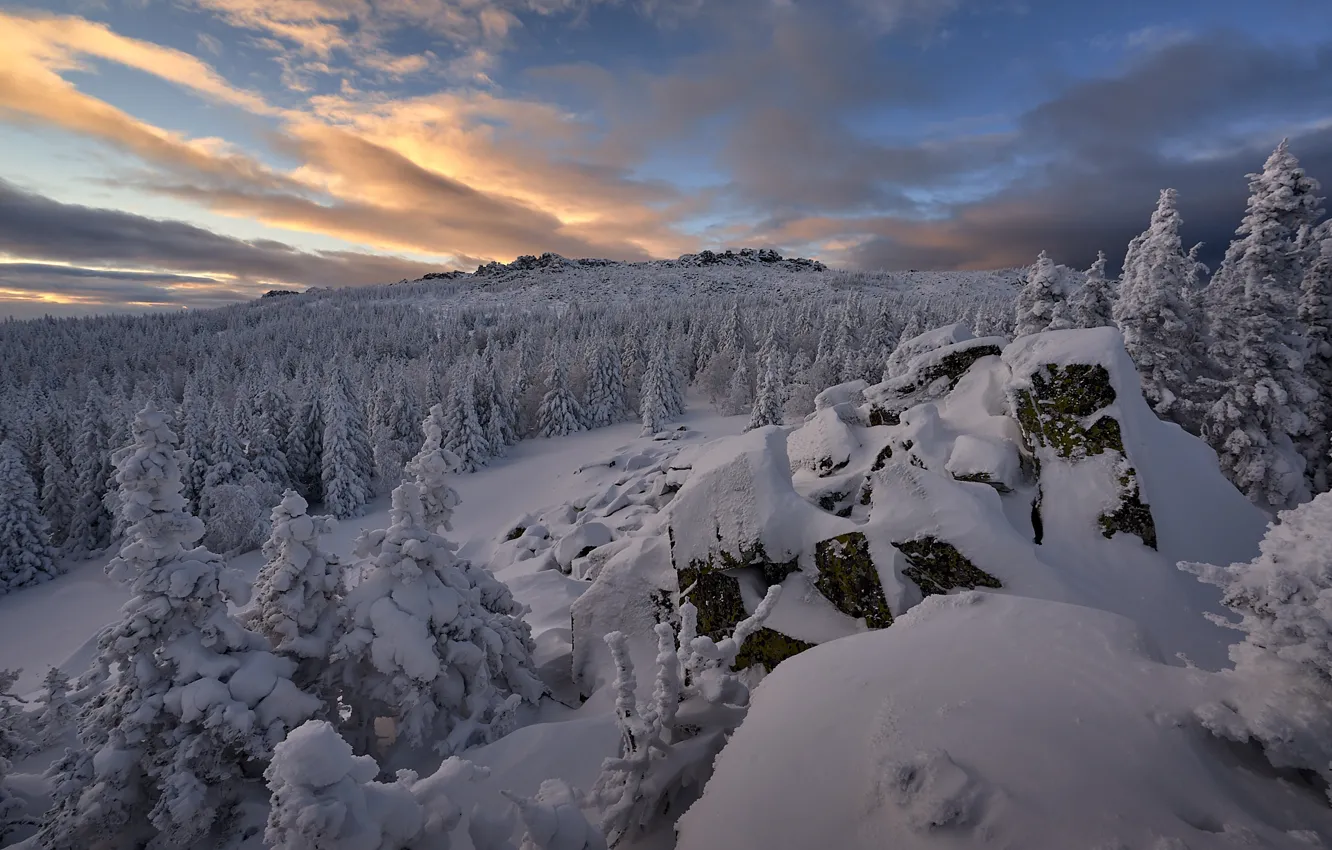 Фото обои зима, снег, пейзаж, природа, камни, леса, Башкортостан, Иремель