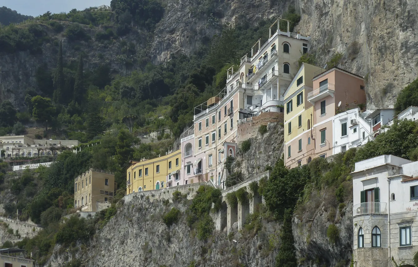 Фото обои Дома, Скалы, Италия, Здания, Italy, Amalfi, Амальфи, Italia
