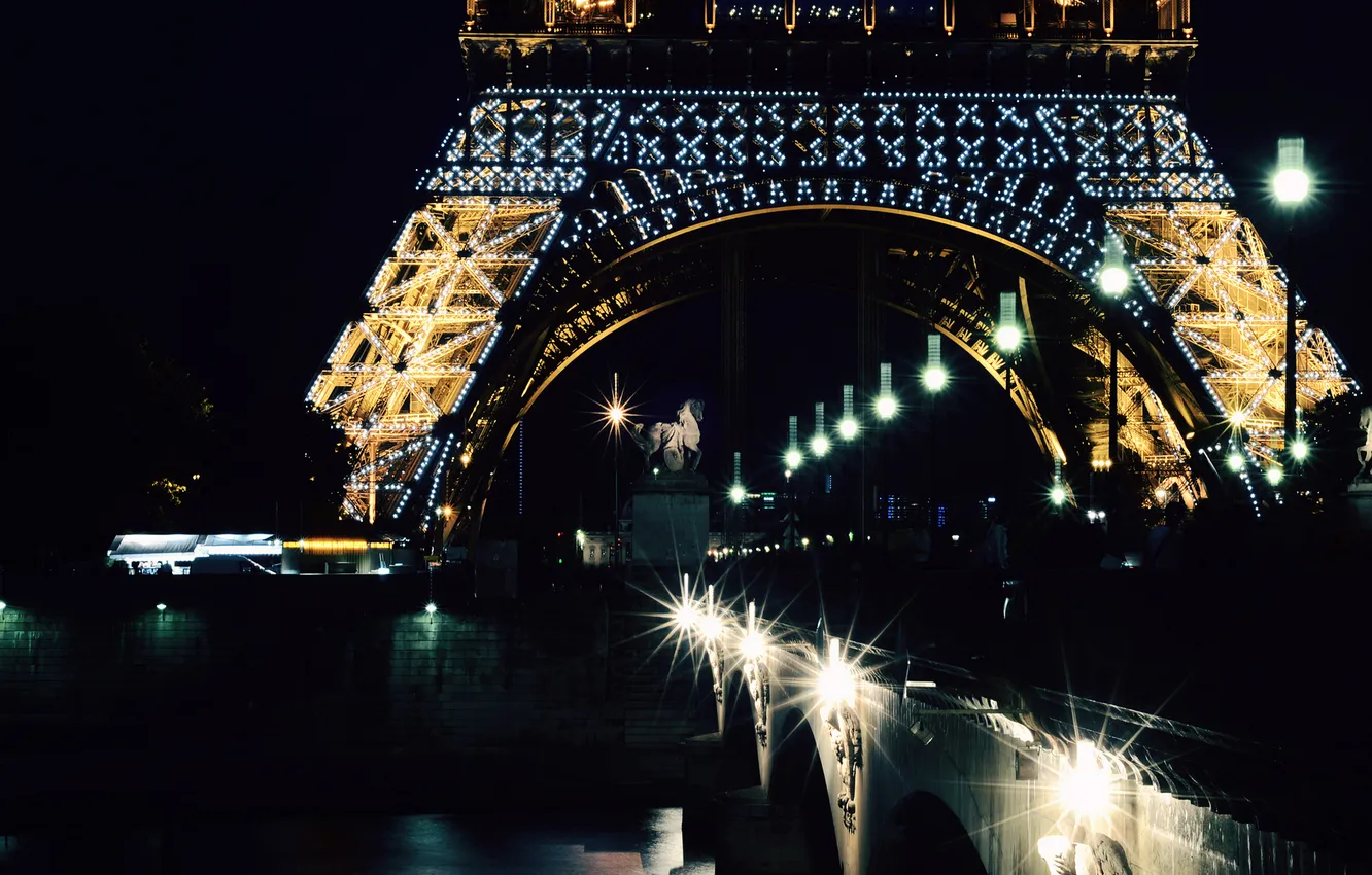 Фото обои ночь, мост, город, огни, река, Франция, Париж, подсветка
