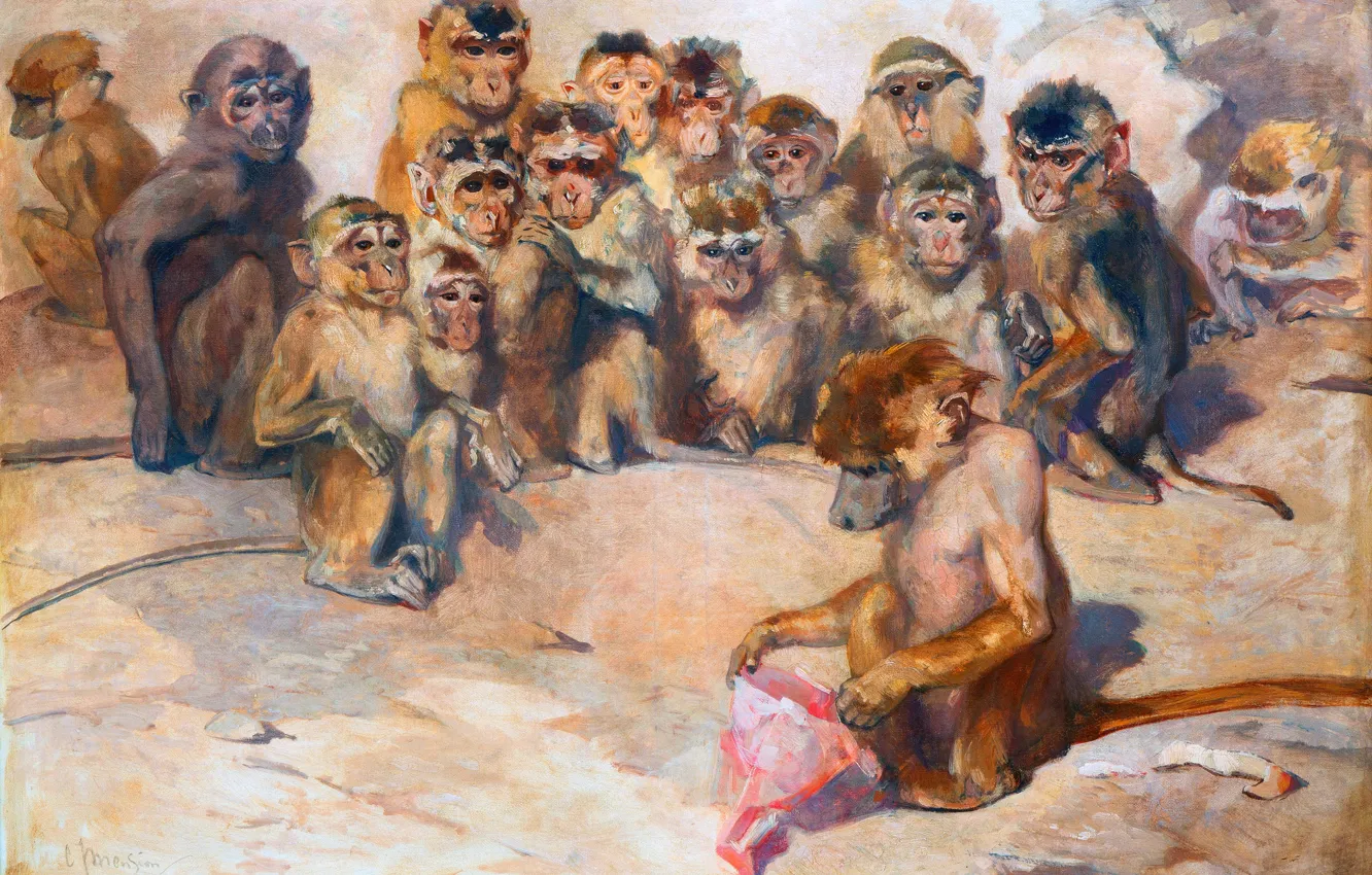Фото обои Картина, Обезьяны, Голландский художник, Корнелис Менсион, Cornelis Mension, Сборище обезьян