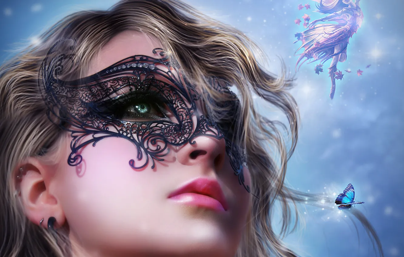 Фото обои взгляд, девушка, лицо, бабочка, волосы, крылья, маска, фея