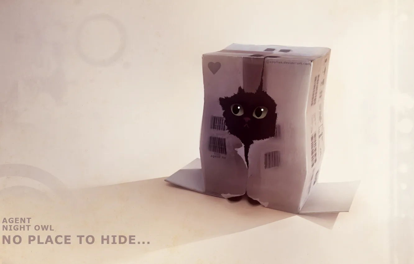 Фото обои котенок, коробка, рисунок, дырка, прячется, apofiss, agent night owl