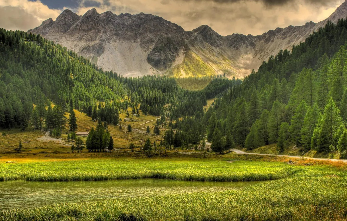 Фото обои небо, трава, облака, деревья, пейзаж, горы, природа, озеро
