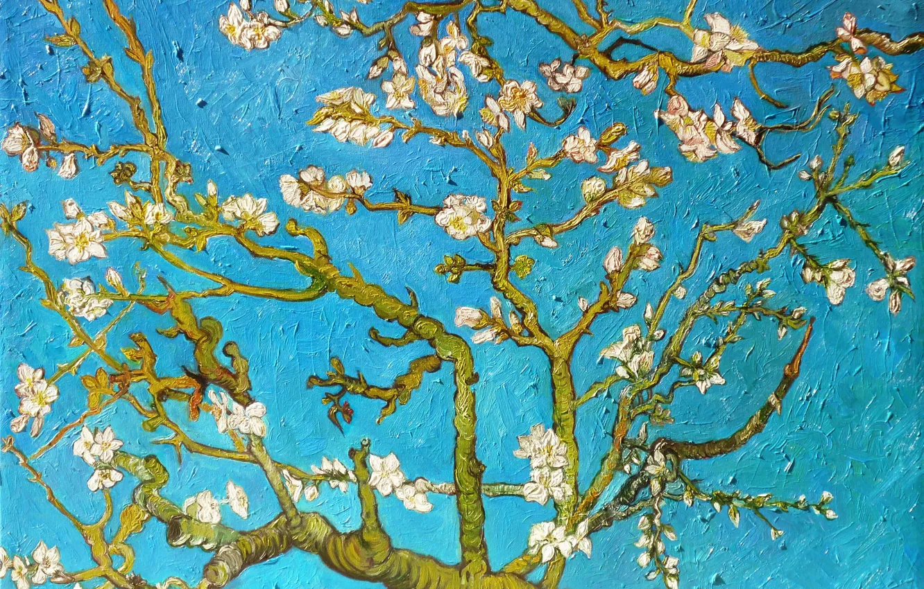 Фото обои ветви, картина, живопись, blue, art, Vincent van Gogh, миндальное дерево, Almond Tree