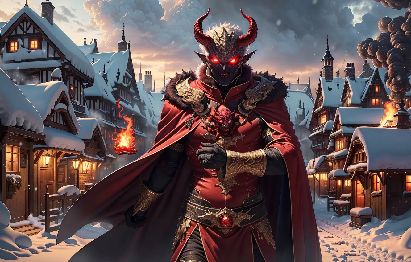 Фото обои зима, снег, город, улица, здания, демон