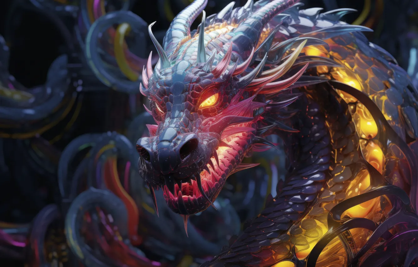 Фото обои fantasy, dragon, mouth, fangs, burning gaze