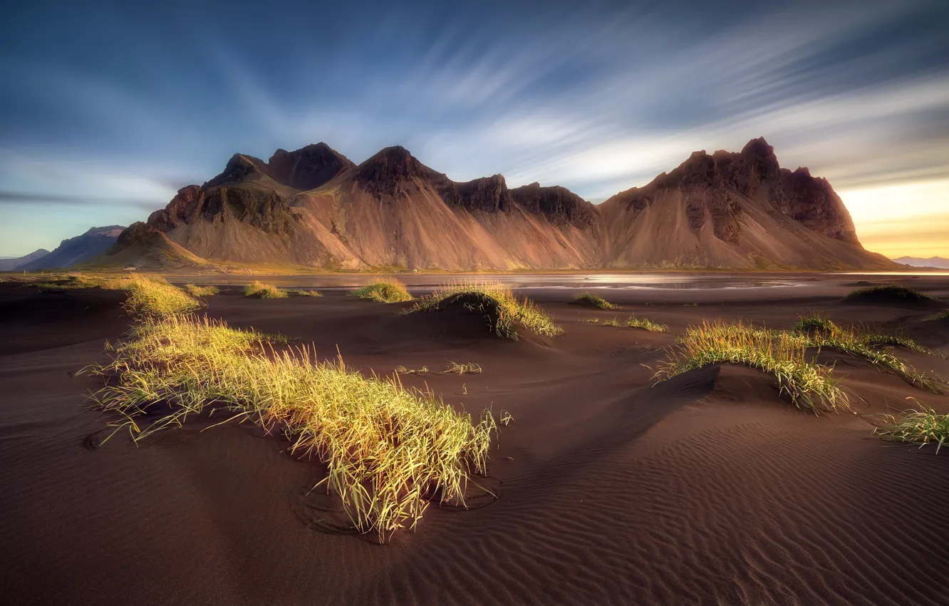 Фото обои пляж, небо, облака, горы, выдержка, Исландия, Stokksnes