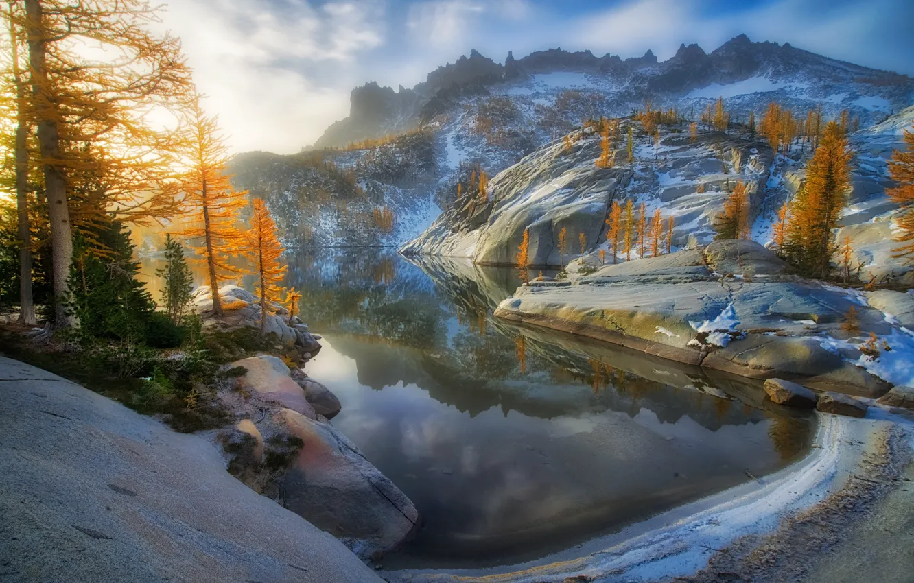 Фото обои осень, деревья, горы, озеро, отражение, Washington State, Alpine Lakes Wilderness, Штат Вашингтон