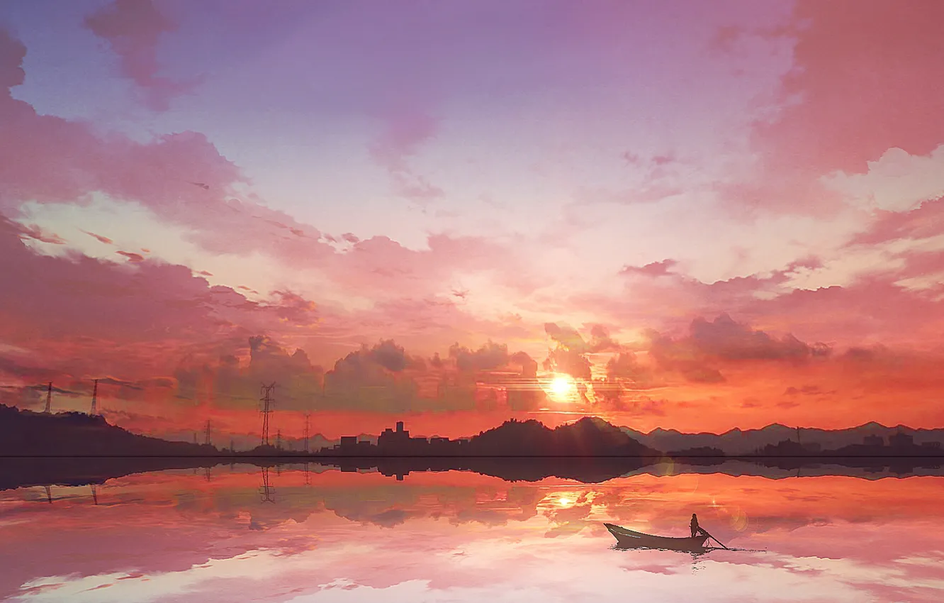 Фото обои небо, закат, лодка