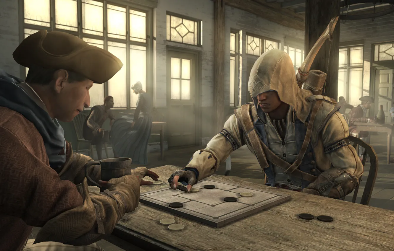Фото обои люди, здание, играет, ассасин, коннор, Assassin’s Creed III, AC III Connor Homestead Game