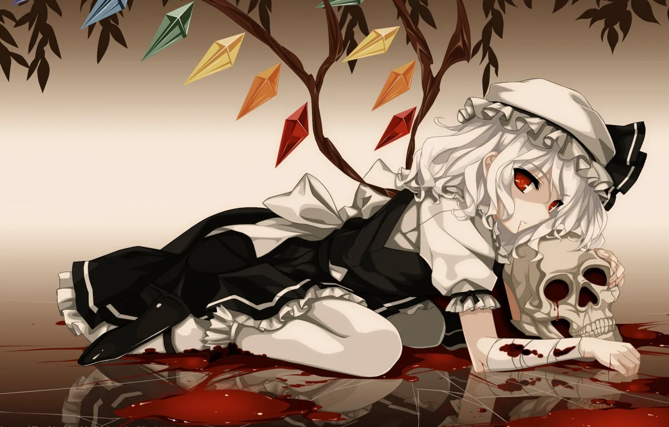 Фото обои листья, девушка, кровь, череп, бантик, короткие волосы, бинт