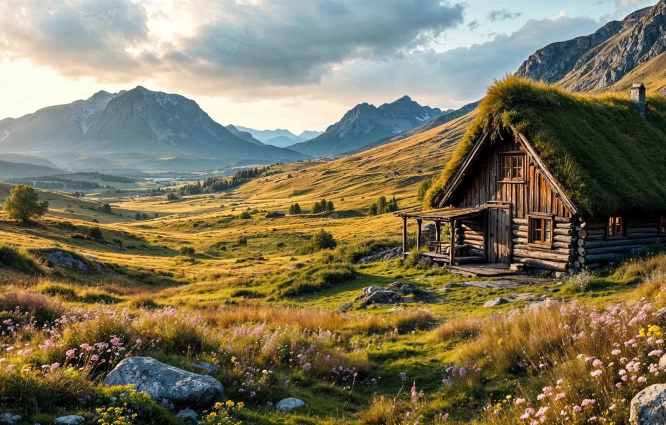 Фото обои небо, горы, тучи, природа, дом, хижина, landscape, mountains