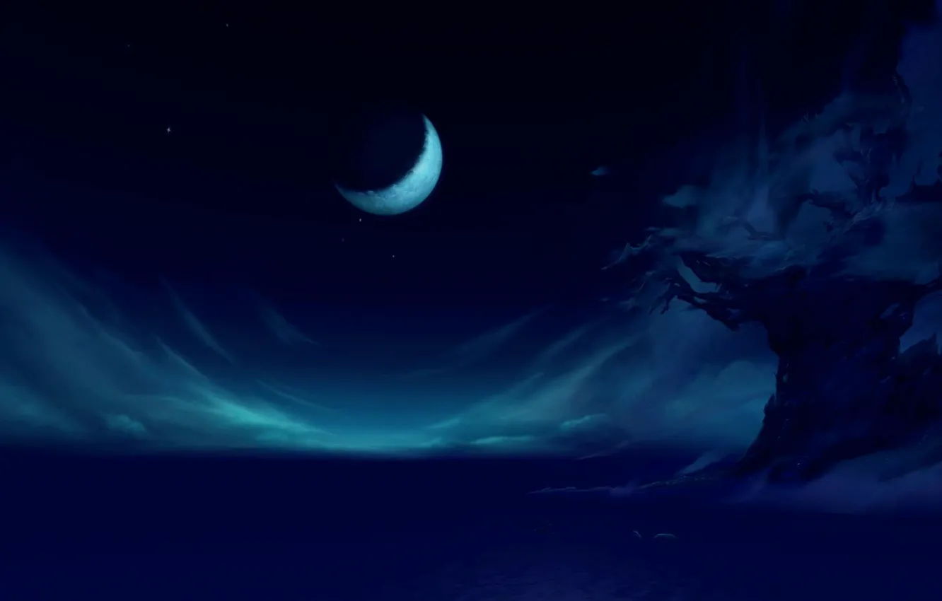 Фото обои облака, пейзаж, ночь, дерево, луна
