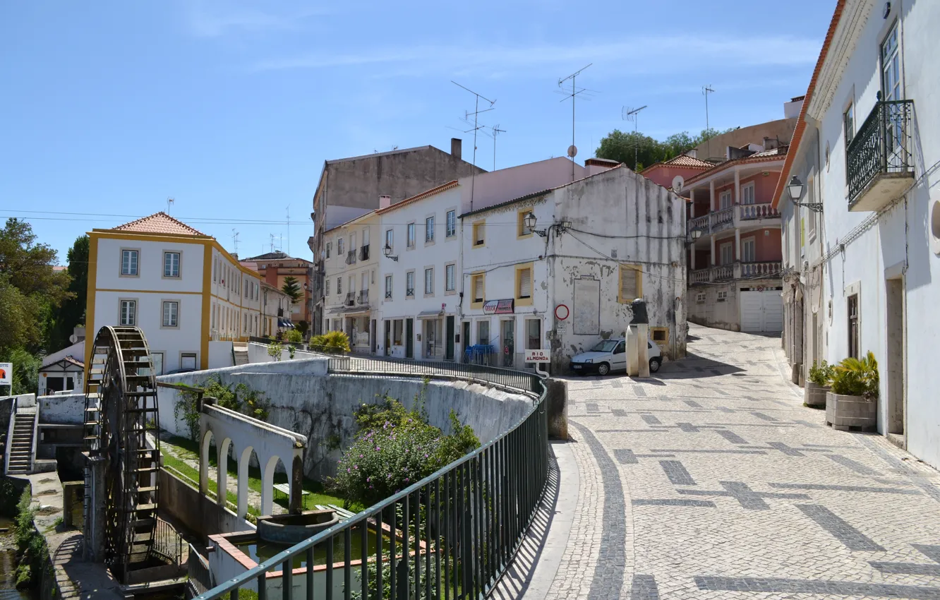 Фото обои Дома, Улица, Здания, Португалия, Street, Rio Almonda, Рио Алмонда