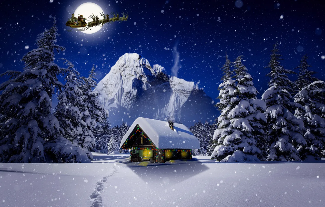 Фото обои зима, Луна, Рождество, Санта, домик, олени