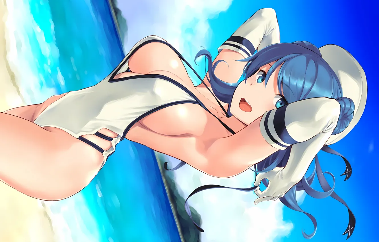 Фото обои girl, sexy, cleavage, beach, sky, sea, boobs, anime