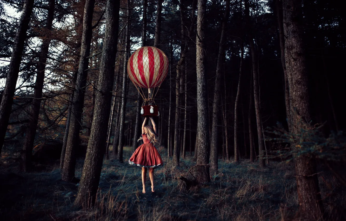 Фото обои лес, деревья, воздушный шар, ситуация, девочка, полёт