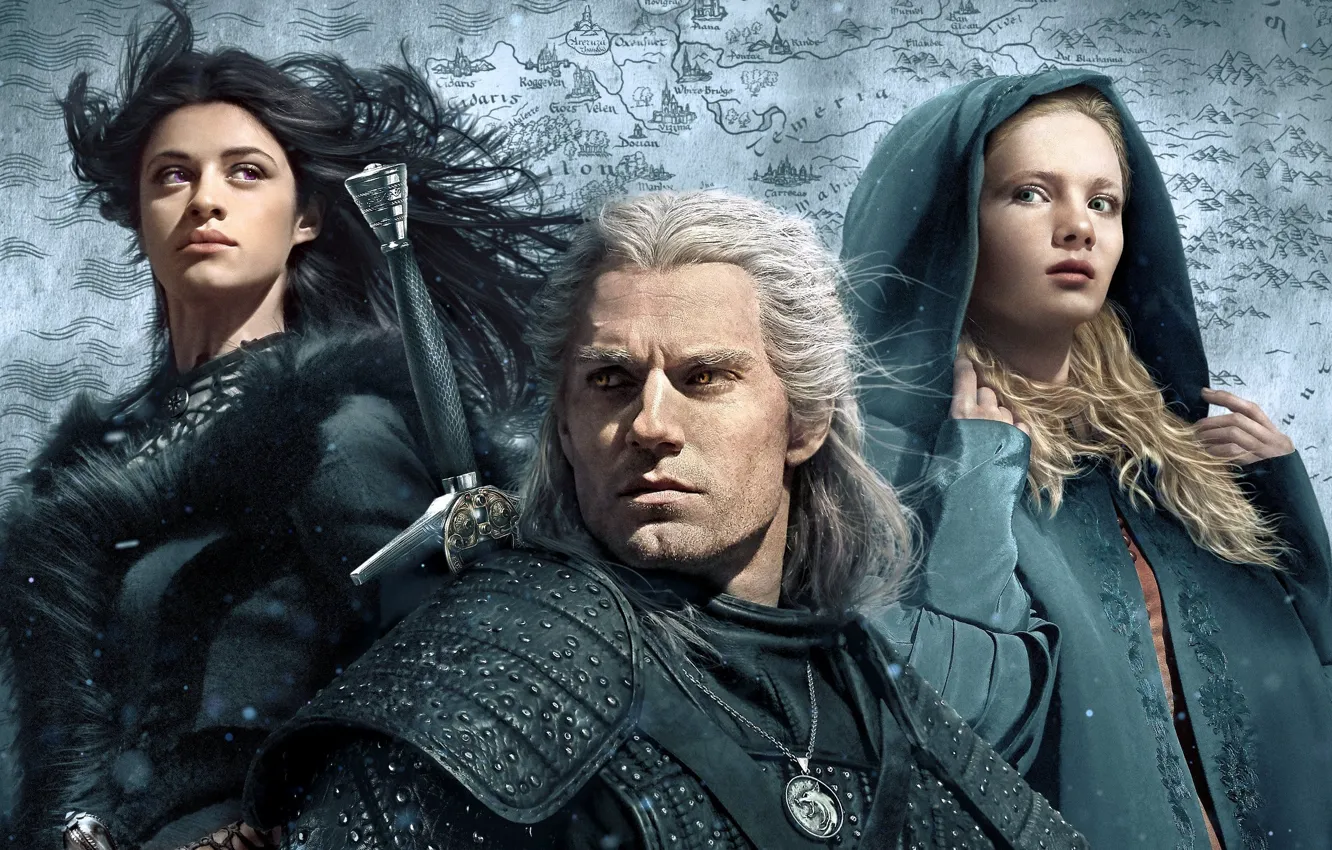 Фото обои Ведьмак, The Witcher, Henry Cavill, Geralt, Цирилла, Freya Allan, Anya Chalotra