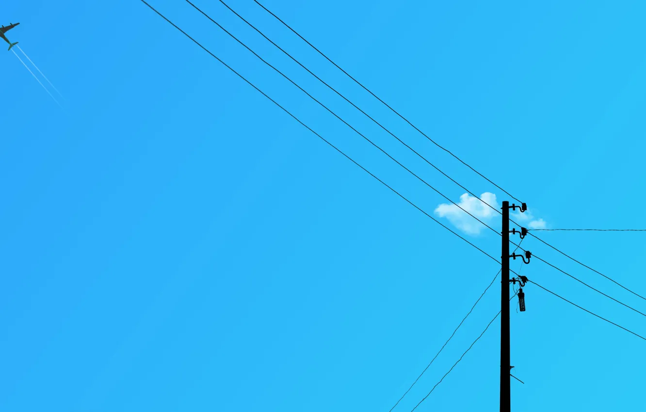 Фото обои небо, столбы, провода, самолёт