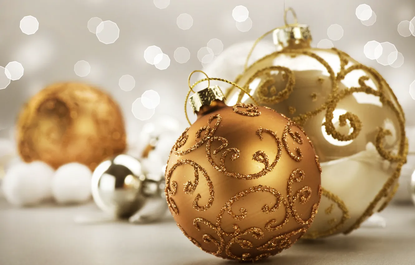 Фото обои шарики, золото, праздник, игрушки, блеск, новый год, блестки, декорации