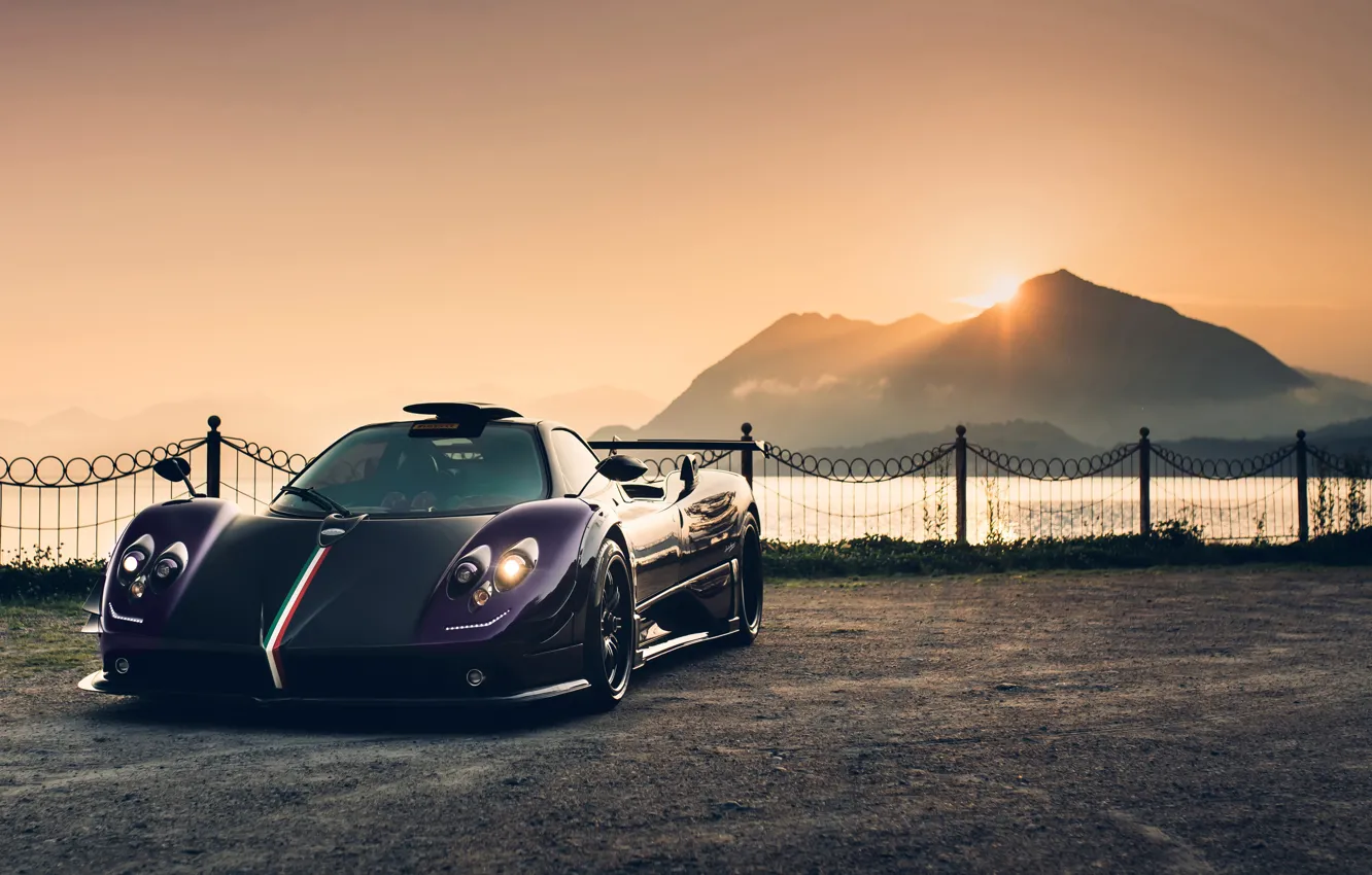 Фото обои закат, вечер, суперкар, Pagani, Zonda, Viola, 760, Alex Penfold