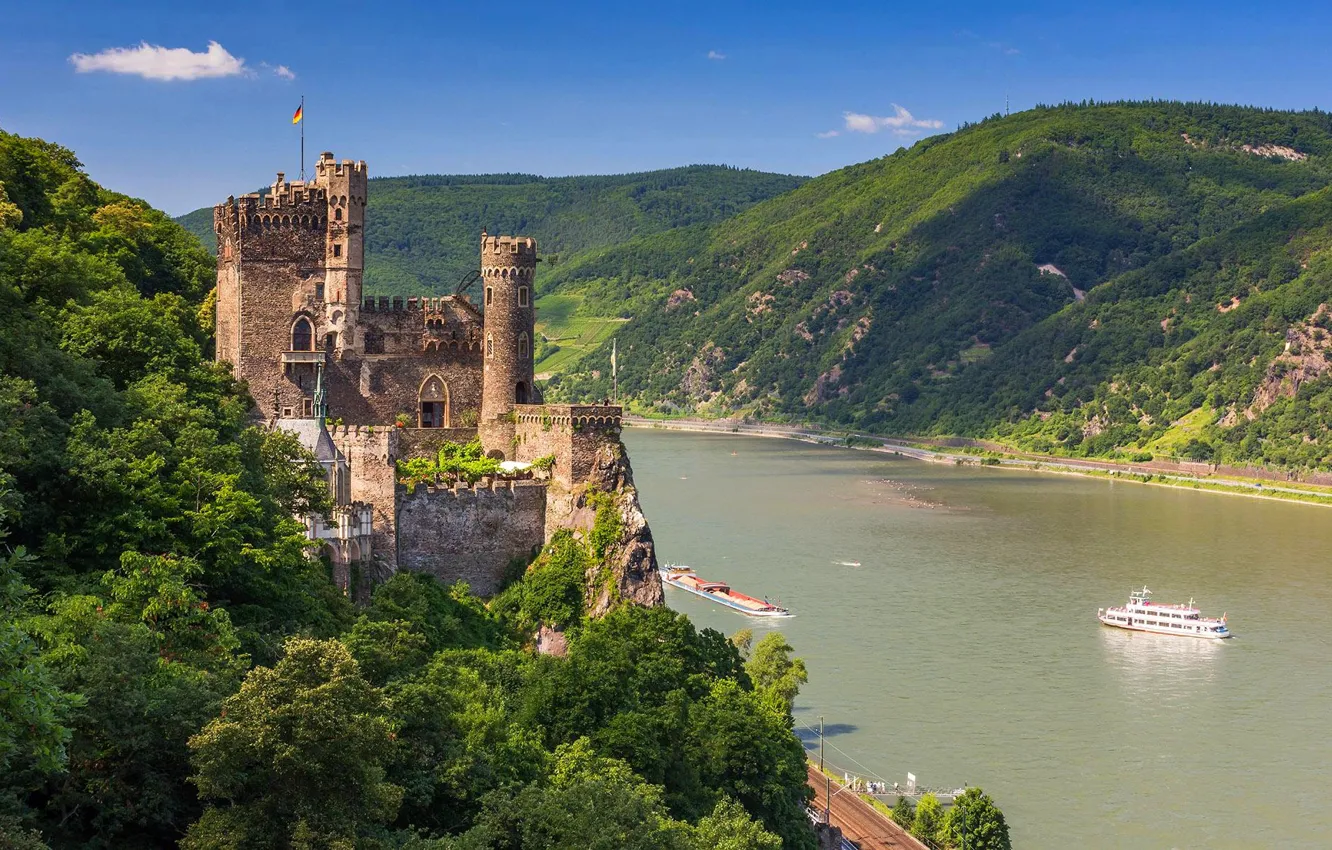 Фото обои река, замок, Германия, холм, крепость, Рейн, Rheinstein Castle, Рейнштейн