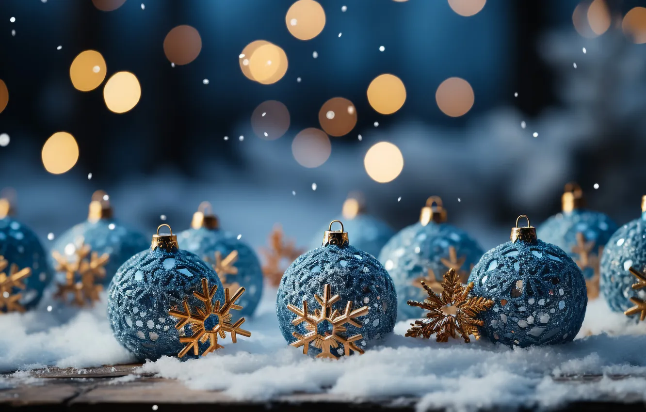 Фото обои снег, украшения, ночь, шары, Рождество, Новый год, Christmas, balls